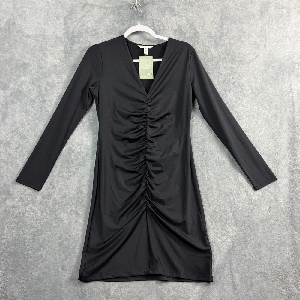 H&M Womens M Black Ruched V-Neck Long Sleeve Midi Dress Recycled Office Siren